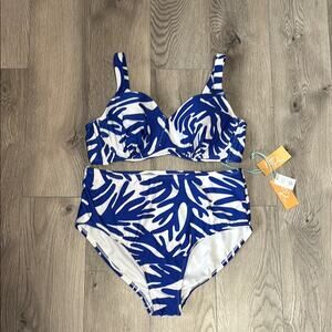 Kona Sol Blue and White Bikini with Summer Coral Print Underwire Swim Suit Set